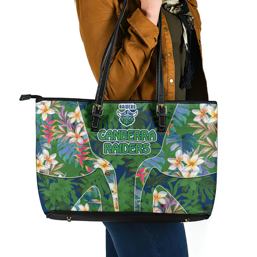 Canberra Raiders Leather Tote Bag Tropical Hibiscus Floral Pattern With Green And Navy Accents