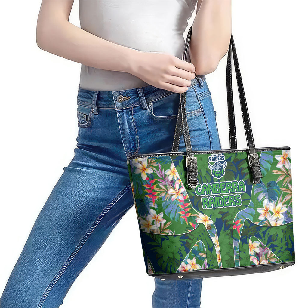Canberra Raiders Leather Tote Bag Tropical Hibiscus Floral Pattern With Green And Navy Accents