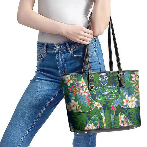 Canberra Raiders Leather Tote Bag Tropical Hibiscus Floral Pattern With Green And Navy Accents