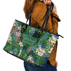 Canberra Raiders Leather Tote Bag Tropical Hibiscus Floral Pattern With Green And Navy Accents