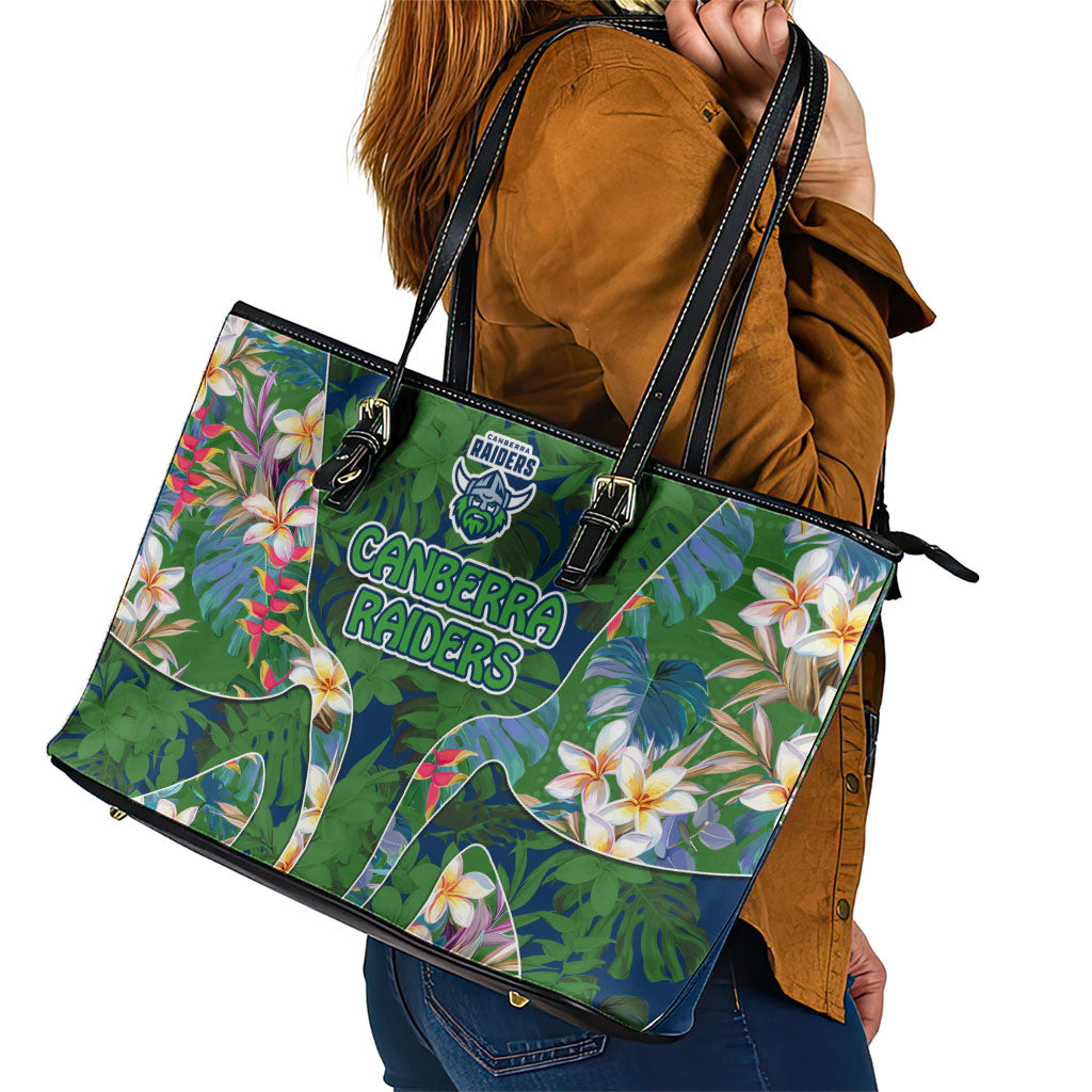 Canberra Raiders Leather Tote Bag Tropical Hibiscus Floral Pattern With Green And Navy Accents