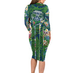 Canberra Raiders Long Sleeve Bodycon Dress Tropical Hibiscus Floral Pattern With Green And Navy Accents