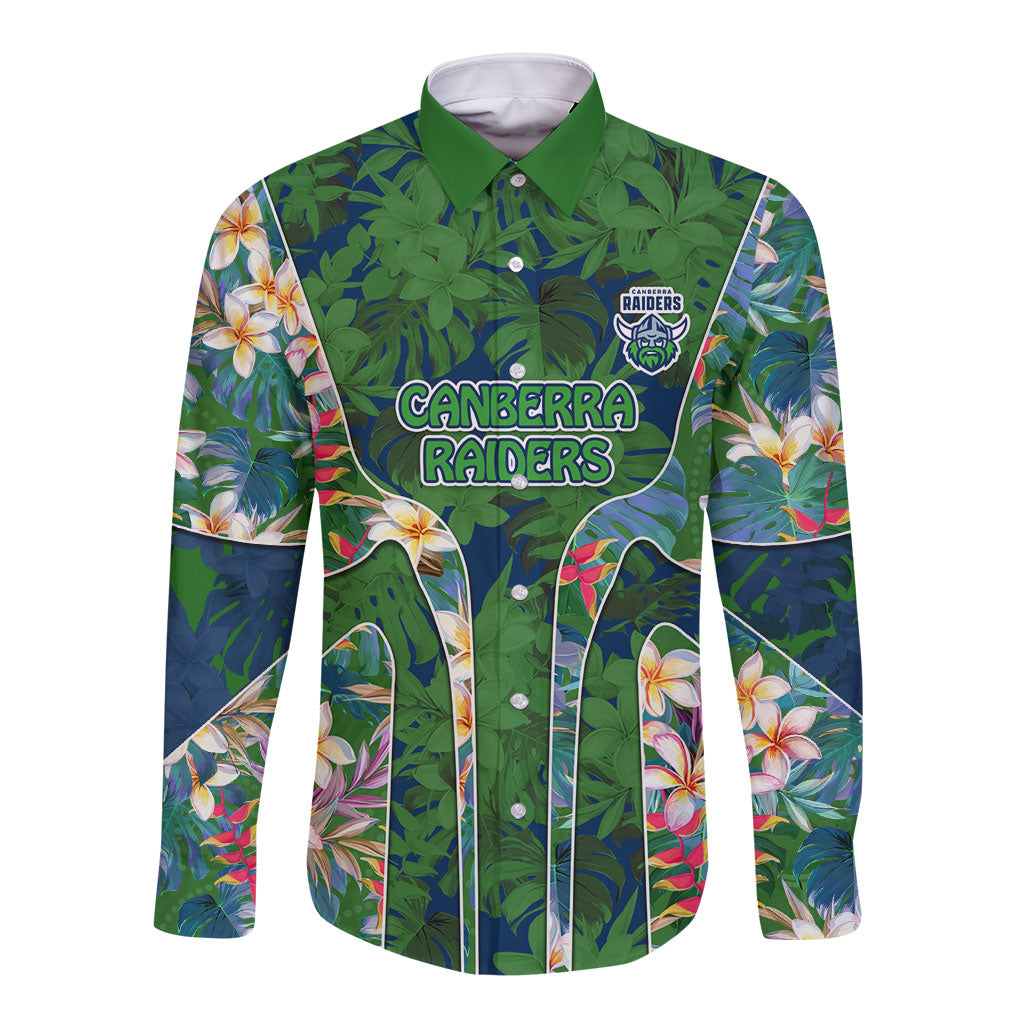 Canberra Raiders Long Sleeve Button Shirt Tropical Hibiscus Floral Pattern With Green And Navy Accents