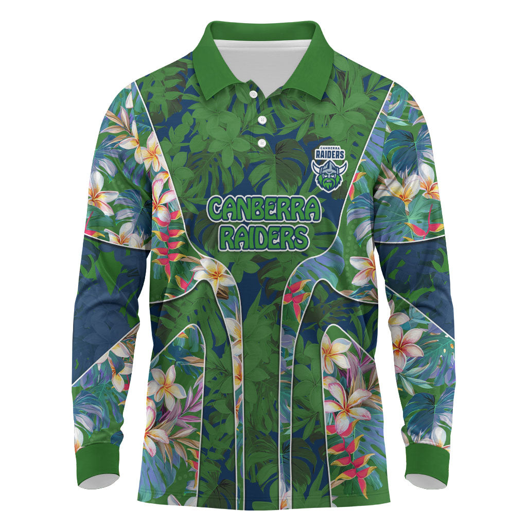 Canberra Raiders Long Sleeve Polo Shirt Tropical Hibiscus Floral Pattern With Green And Navy Accents