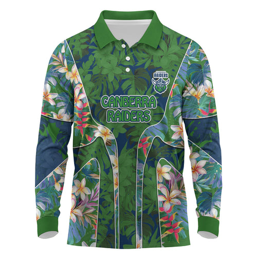 Canberra Raiders Long Sleeve Polo Shirt Tropical Hibiscus Floral Pattern With Green And Navy Accents