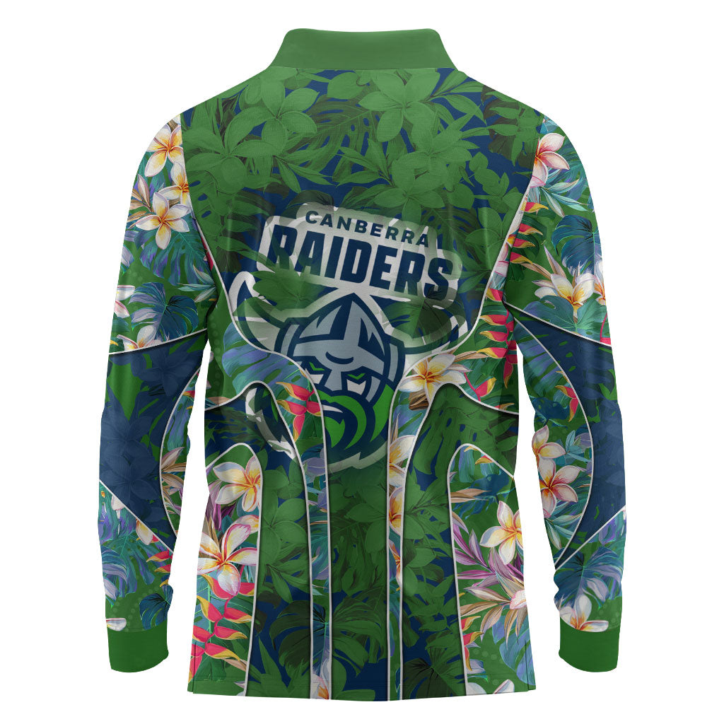 Canberra Raiders Long Sleeve Polo Shirt Tropical Hibiscus Floral Pattern With Green And Navy Accents