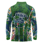 Canberra Raiders Long Sleeve Polo Shirt Tropical Hibiscus Floral Pattern With Green And Navy Accents