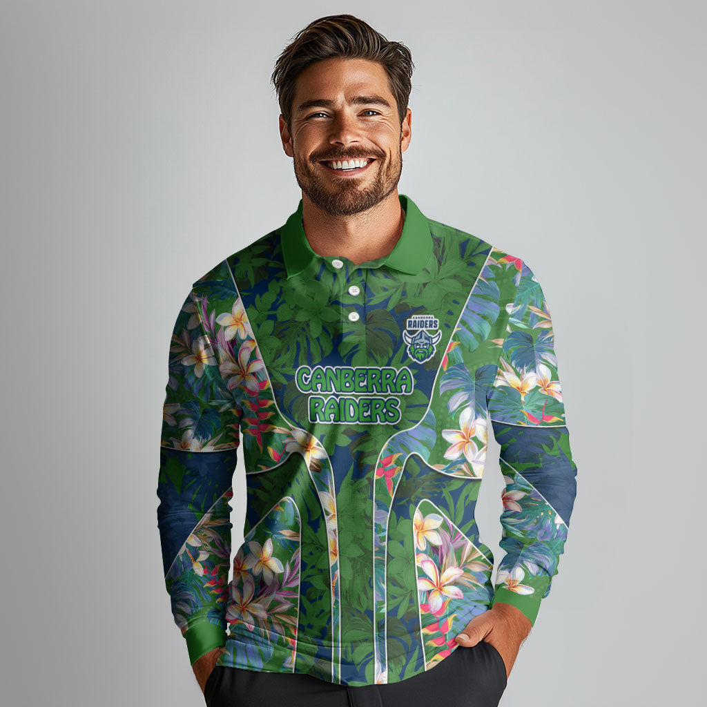 Canberra Raiders Long Sleeve Polo Shirt Tropical Hibiscus Floral Pattern With Green And Navy Accents