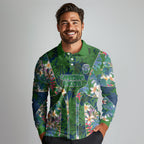 Canberra Raiders Long Sleeve Polo Shirt Tropical Hibiscus Floral Pattern With Green And Navy Accents
