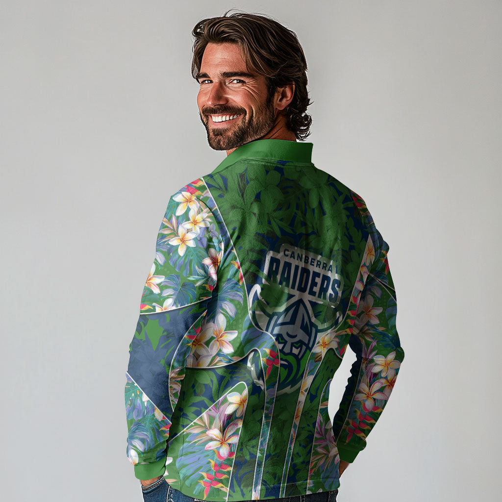 Canberra Raiders Long Sleeve Polo Shirt Tropical Hibiscus Floral Pattern With Green And Navy Accents