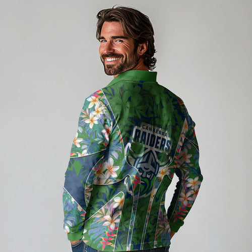 Canberra Raiders Long Sleeve Polo Shirt Tropical Hibiscus Floral Pattern With Green And Navy Accents