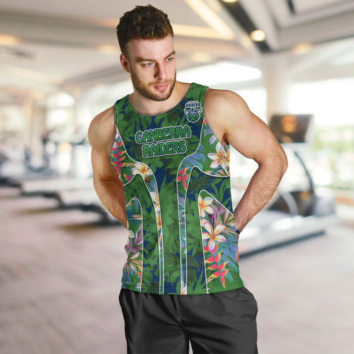 Canberra Raiders Men Tank Top Tropical Hibiscus Floral Pattern With Green And Navy Accents