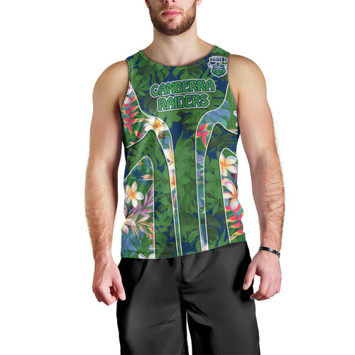 Canberra Raiders Men Tank Top Tropical Hibiscus Floral Pattern With Green And Navy Accents
