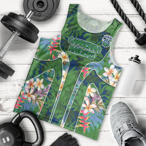 Canberra Raiders Men Tank Top Tropical Hibiscus Floral Pattern With Green And Navy Accents
