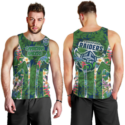 Canberra Raiders Men Tank Top Tropical Hibiscus Floral Pattern With Green And Navy Accents