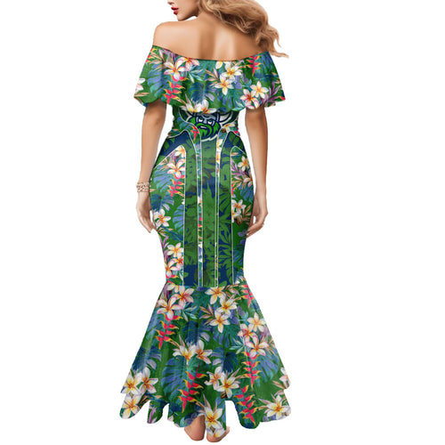 Canberra Raiders Mermaid Dress Tropical Hibiscus Floral Pattern With Green And Navy Accents