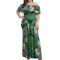 Canberra Raiders Off Shoulder Maxi Dress Tropical Hibiscus Floral Pattern With Green And Navy Accents