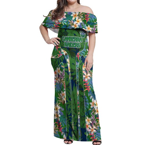 Canberra Raiders Off Shoulder Maxi Dress Tropical Hibiscus Floral Pattern With Green And Navy Accents