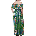 Canberra Raiders Off Shoulder Maxi Dress Tropical Hibiscus Floral Pattern With Green And Navy Accents