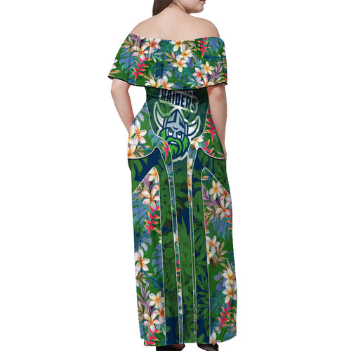 Canberra Raiders Off Shoulder Maxi Dress Tropical Hibiscus Floral Pattern With Green And Navy Accents