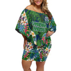 Canberra Raiders Off Shoulder Short Dress Tropical Hibiscus Floral Pattern With Green And Navy Accents
