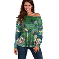 Canberra Raiders Off Shoulder Sweater Tropical Hibiscus Floral Pattern With Green And Navy Accents