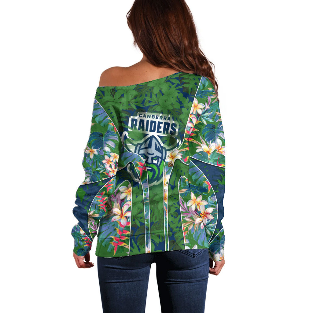Canberra Raiders Off Shoulder Sweater Tropical Hibiscus Floral Pattern With Green And Navy Accents