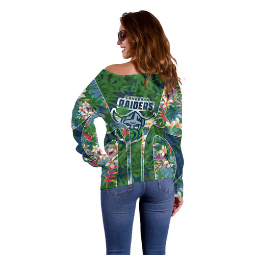 Canberra Raiders Off Shoulder Sweater Tropical Hibiscus Floral Pattern With Green And Navy Accents