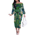 Canberra Raiders Off The Shoulder Long Sleeve Dress Tropical Hibiscus Floral Pattern With Green And Navy Accents