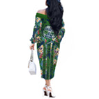 Canberra Raiders Off The Shoulder Long Sleeve Dress Tropical Hibiscus Floral Pattern With Green And Navy Accents