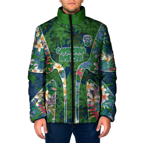 Canberra Raiders Padded Jacket Tropical Hibiscus Floral Pattern With Green And Navy Accents