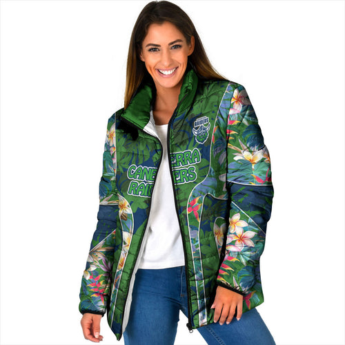 Canberra Raiders Padded Jacket Tropical Hibiscus Floral Pattern With Green And Navy Accents