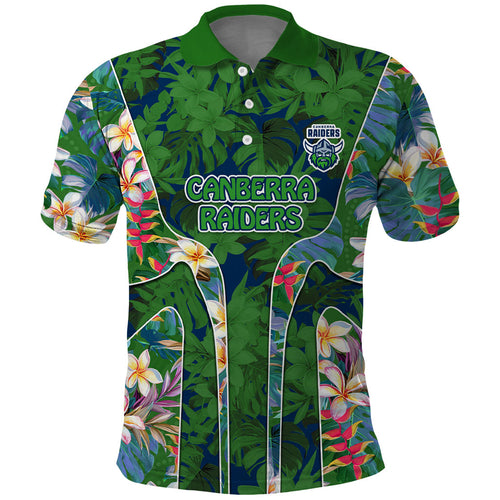 Canberra Raiders Polo Shirt Tropical Hibiscus Floral Pattern With Green And Navy Accents