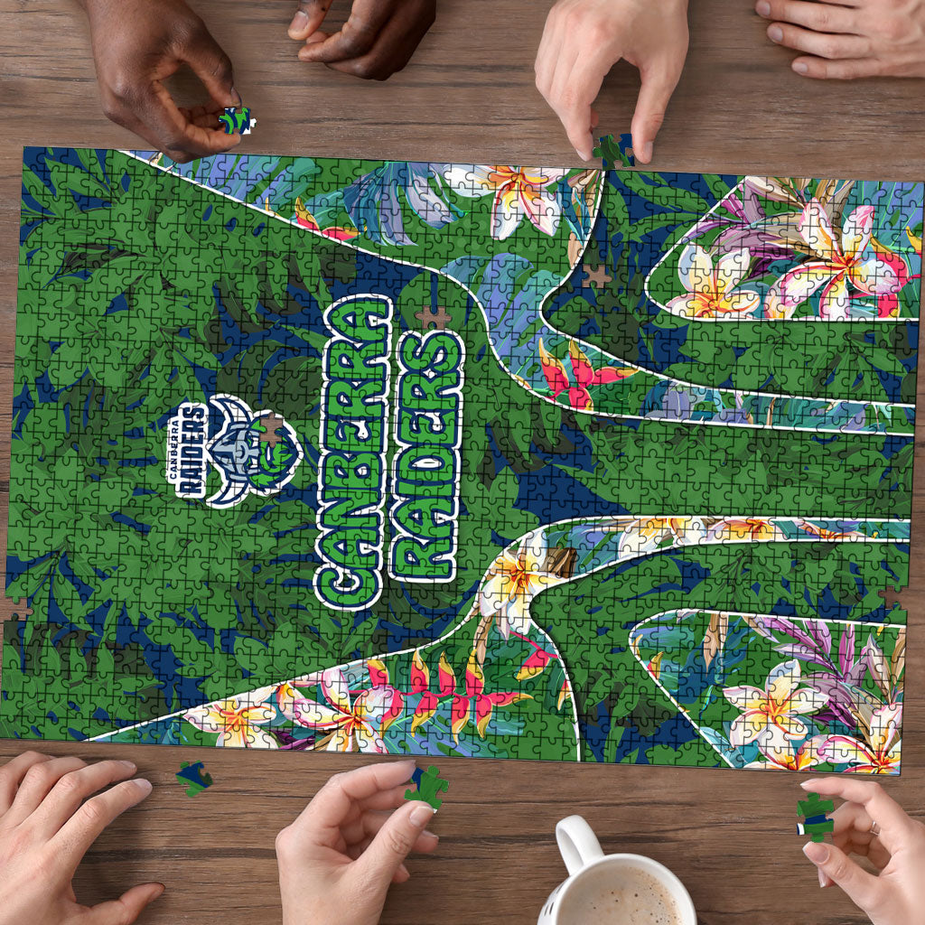 Canberra Raiders Puzzle Tropical Hibiscus Floral Pattern With Green And Navy Accents