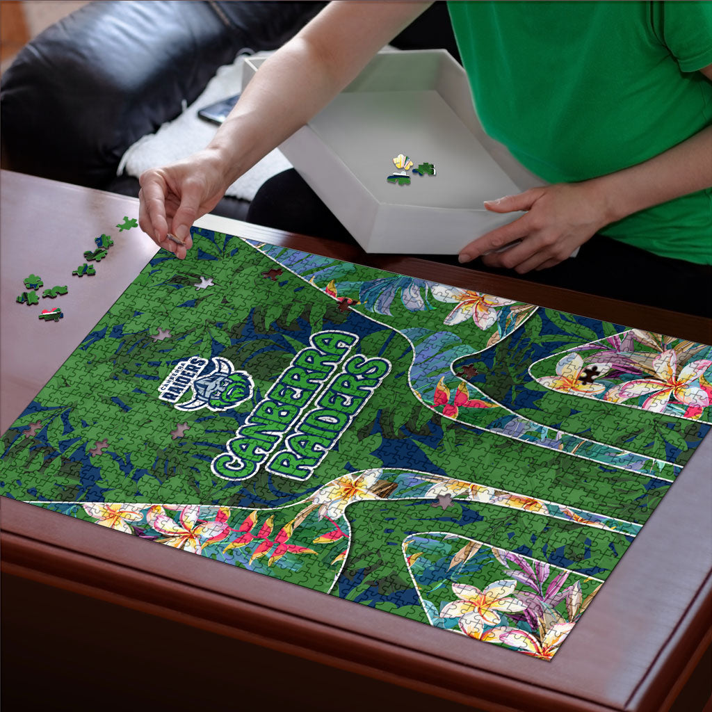 Canberra Raiders Puzzle Tropical Hibiscus Floral Pattern With Green And Navy Accents