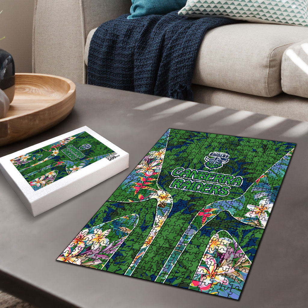 Canberra Raiders Puzzle Tropical Hibiscus Floral Pattern With Green And Navy Accents