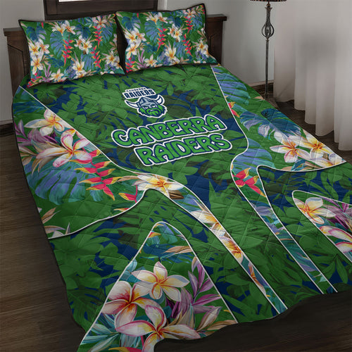 Canberra Raiders Quilt Bed Set Tropical Hibiscus Floral Pattern With Green And Navy Accents