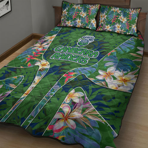 Canberra Raiders Quilt Bed Set Tropical Hibiscus Floral Pattern With Green And Navy Accents