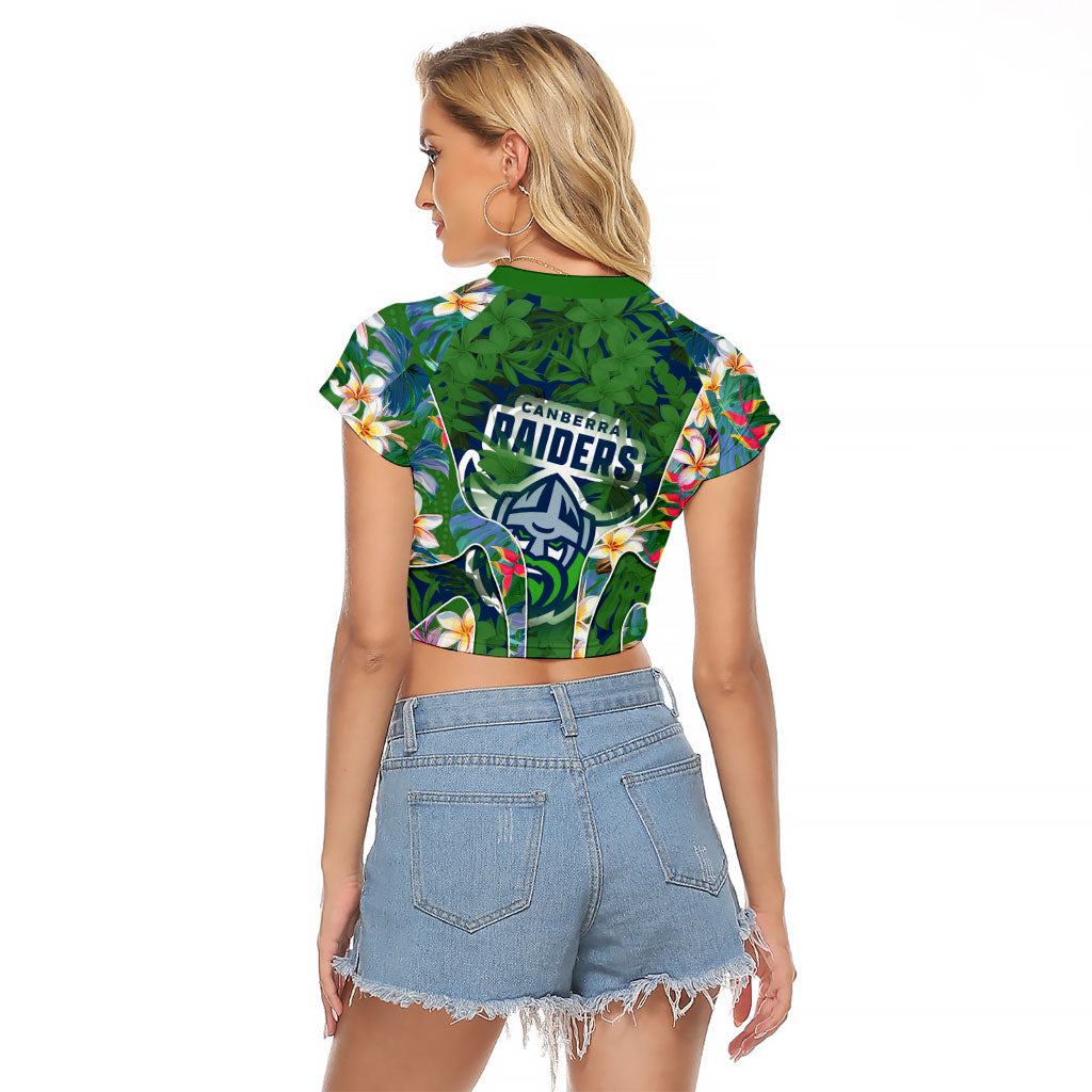 Canberra Raiders Raglan Cropped T Shirt Tropical Hibiscus Floral Pattern With Green And Navy Accents