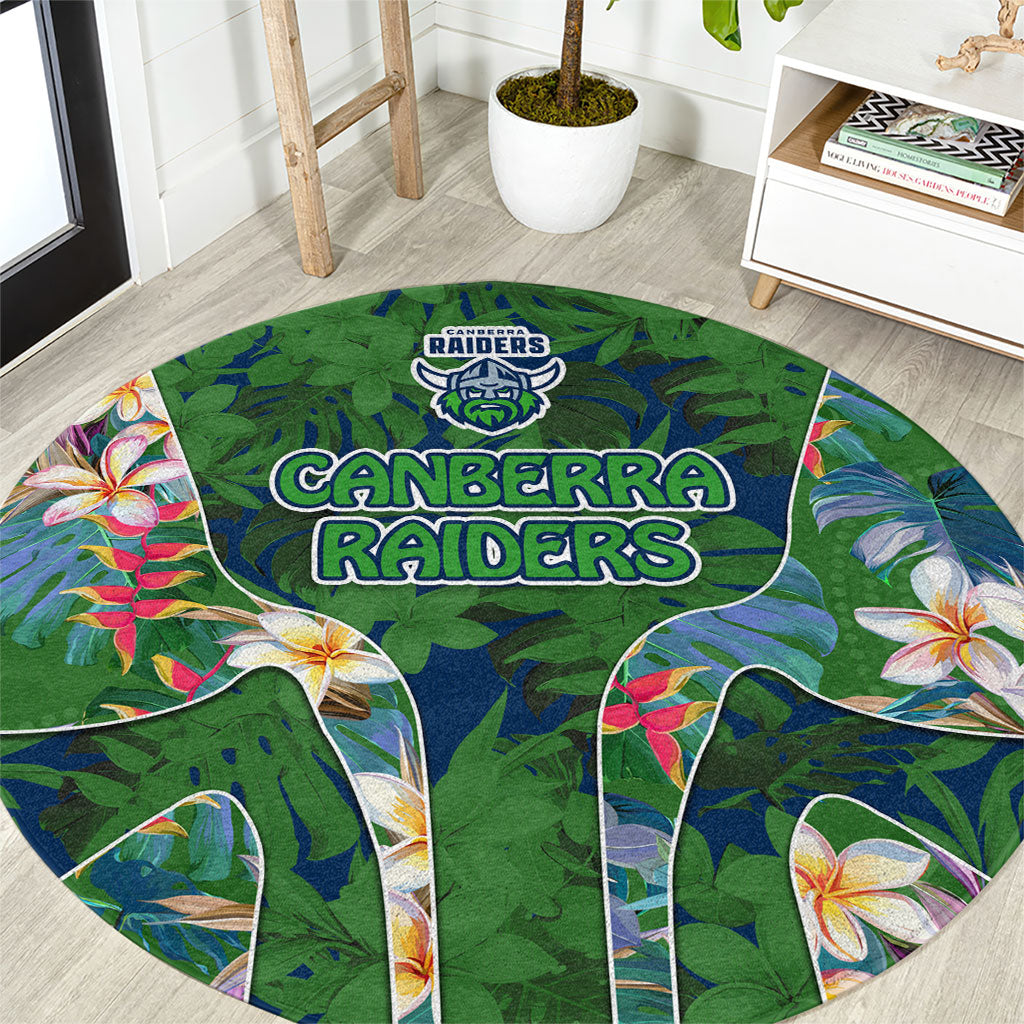 Canberra Raiders Round Carpet Tropical Hibiscus Floral Pattern With Green And Navy Accents