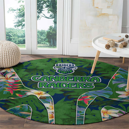 Canberra Raiders Round Carpet Tropical Hibiscus Floral Pattern With Green And Navy Accents