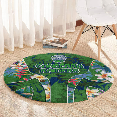 Canberra Raiders Round Carpet Tropical Hibiscus Floral Pattern With Green And Navy Accents