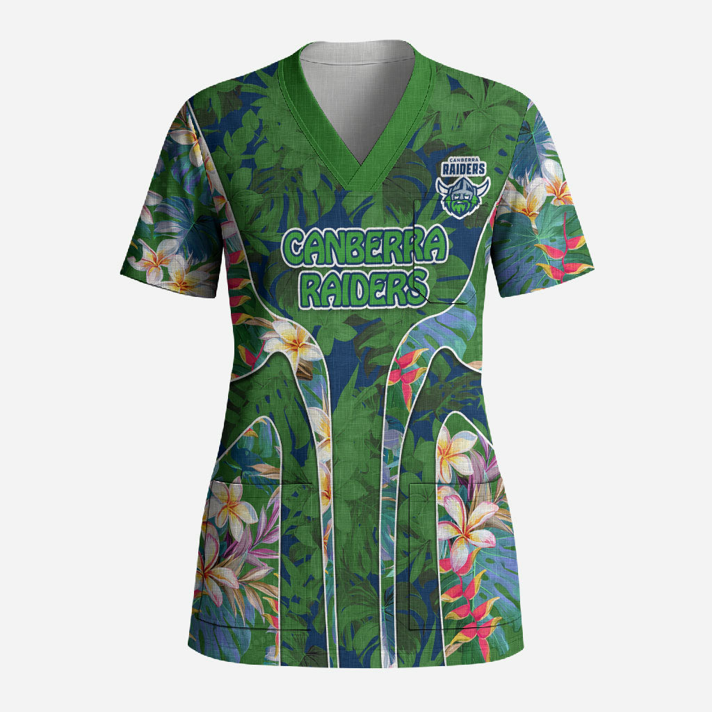 Canberra Raiders Scrub Top Tropical Hibiscus Floral Pattern With Green And Navy Accents