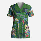 Canberra Raiders Scrub Top Tropical Hibiscus Floral Pattern With Green And Navy Accents