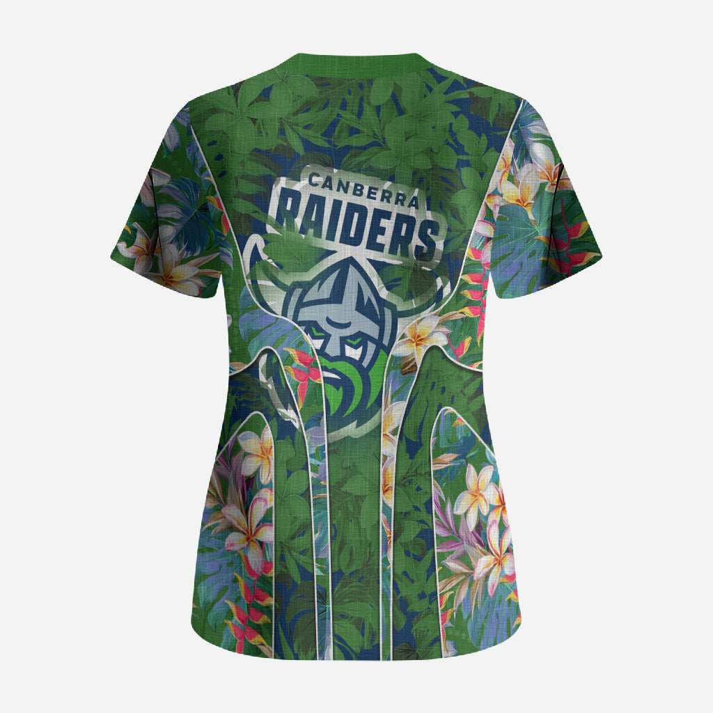 Canberra Raiders Scrub Top Tropical Hibiscus Floral Pattern With Green And Navy Accents