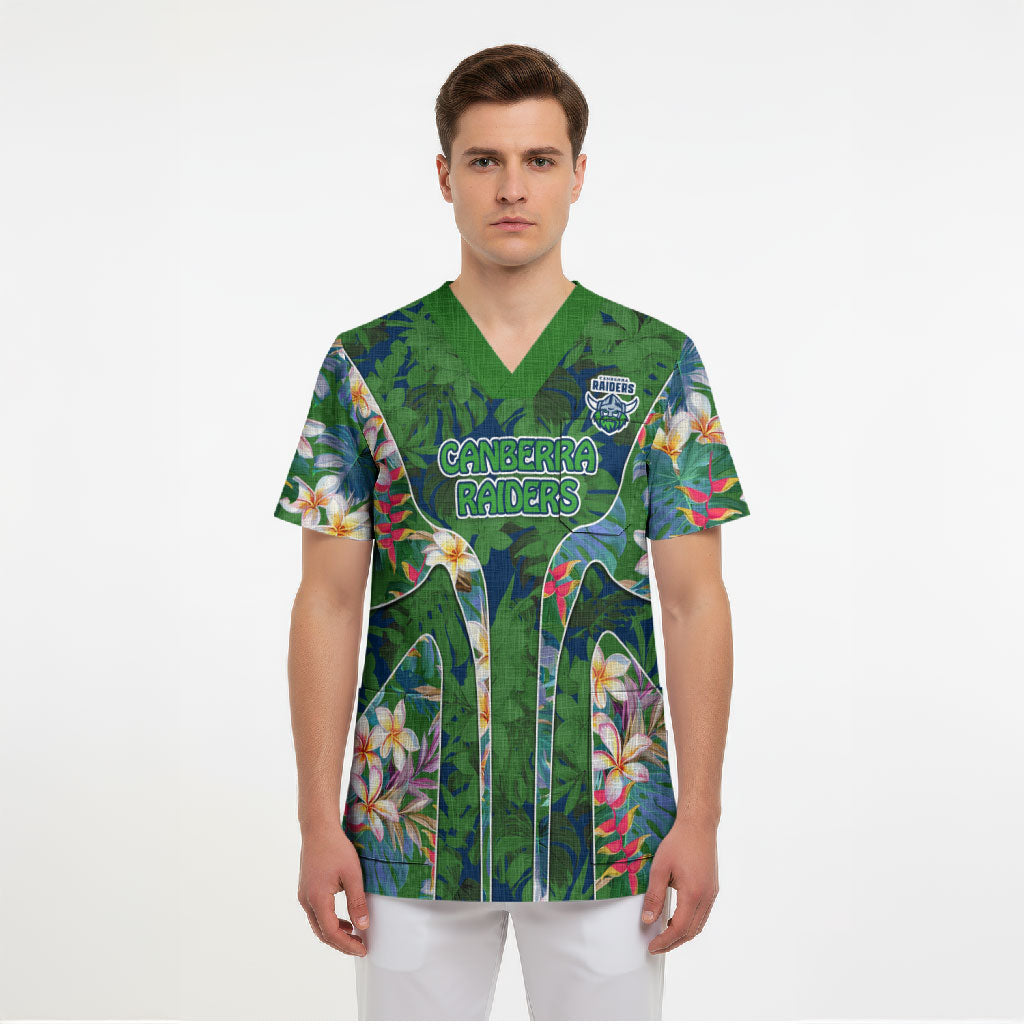 Canberra Raiders Scrub Top Tropical Hibiscus Floral Pattern With Green And Navy Accents