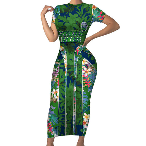 Canberra Raiders Short Sleeve Bodycon Dress Tropical Hibiscus Floral Pattern With Green And Navy Accents