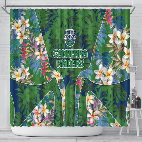 Canberra Raiders Shower Curtain Tropical Hibiscus Floral Pattern With Green And Navy Accents
