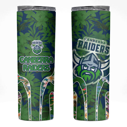 Canberra Raiders Skinny Tumbler Tropical Hibiscus Floral Pattern With Green And Navy Accents