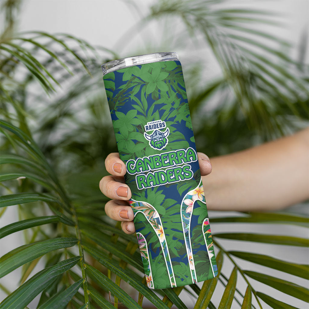 Canberra Raiders Skinny Tumbler Tropical Hibiscus Floral Pattern With Green And Navy Accents
